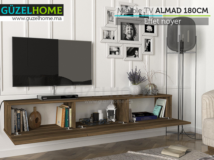 Stand TV Suspendu ALMAD 180cm - Effet noyer - Salon et séjour