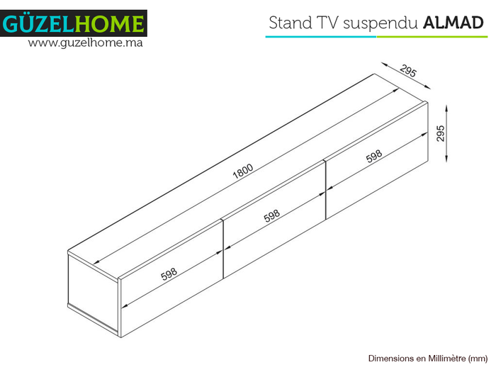 Mobilier TV Suspendu ALMAD 180cm - Effet chêne
