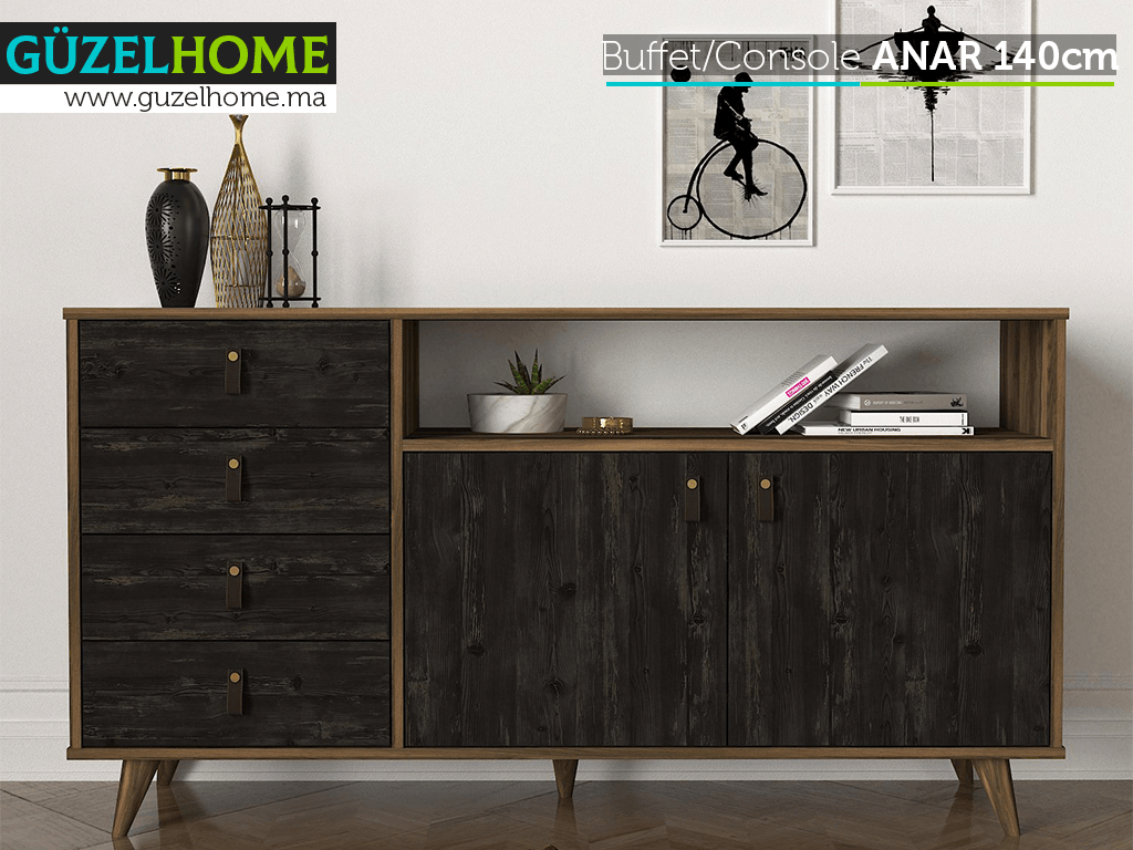 Buffet Console ANAR 140cm - Noir Charbon et Noyer - Ameublement d'intérieur Maroc