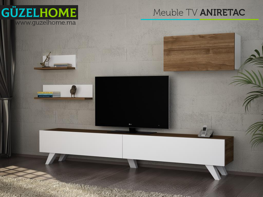 Meuble TV ANIRETAC - Blanc et Marron Noyer - Salon et séjour