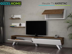 Meuble TV ANIRETAC - Blanc et Marron Noyer - Salon et séjour — vue alternative