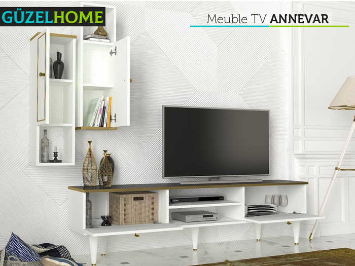 Meuble TV ANNEVAR - Blanc, Effet Marbre et Doré