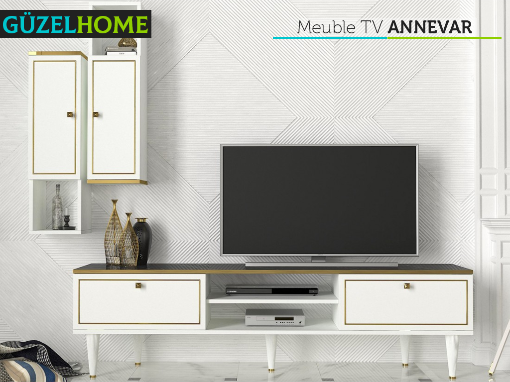 Meuble TV ANNEVAR - Blanc, Effet Marbre et Doré