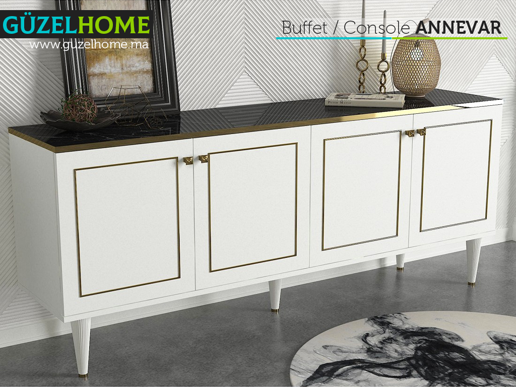 Buffet Console ANNEVAR - Blanc, Effet Marbre et Doré