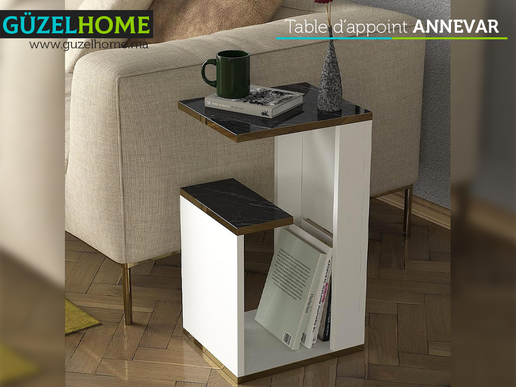 Table d'appoint ANNEVAR - Blanc, Effet Marbre et Doré