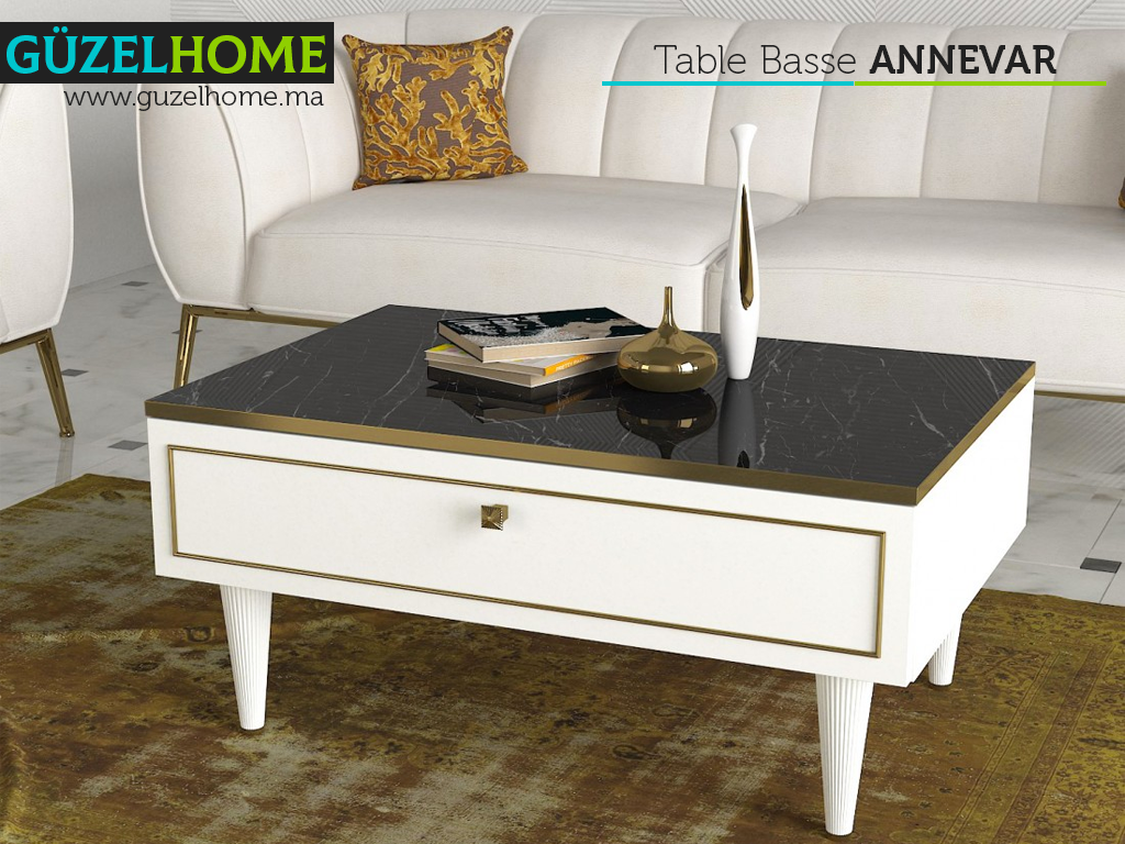 Table Basse ANNEVAR - Blanc, Effet Marbre et Doré - Salon et séjour