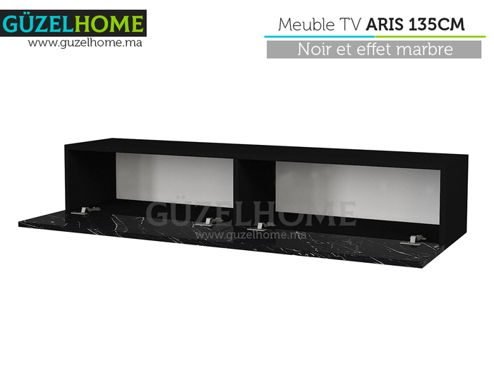 Table TV Suspendu ARIS 135cm - Noir et effet marbre