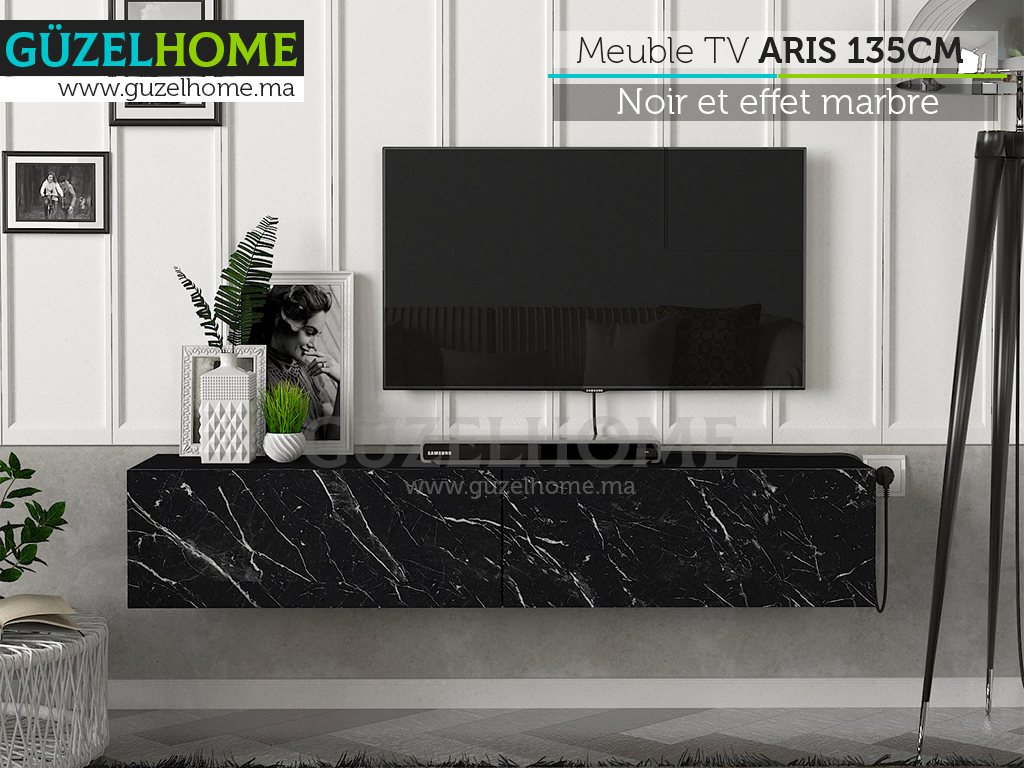 Table TV Suspendu ARIS 135cm - Noir et effet marbre