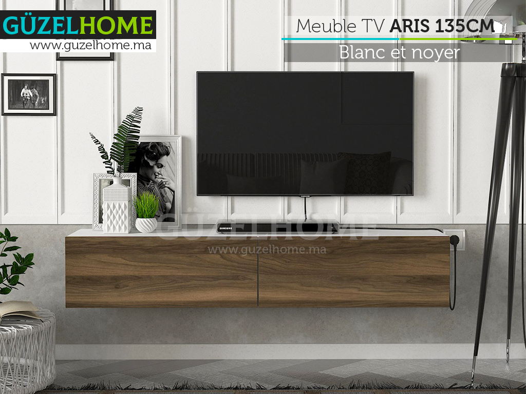 Stand TV Suspendu ARIS 135cm - Blanc et noyer