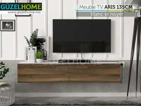 Stand TV Suspendu ARIS 135cm - Blanc et noyer - Meubles de décoration chez GÜZELHOME Maroc
