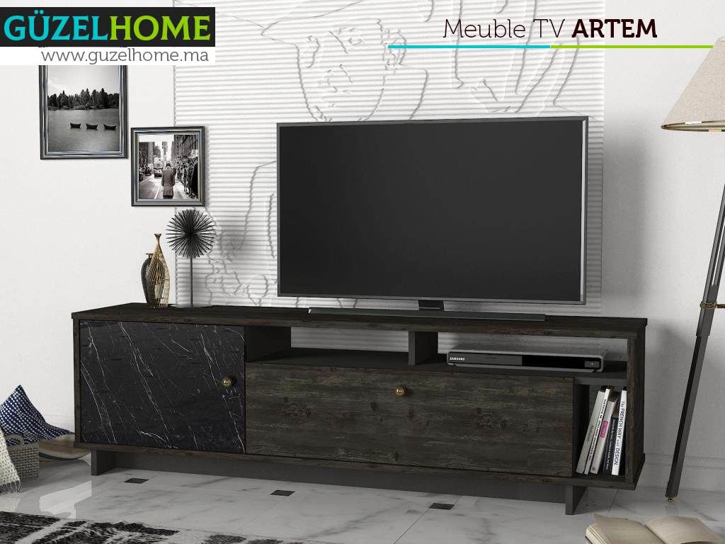 Meuble TV ARTEM 140 cm - Noir Anthracite et Effet Marbre