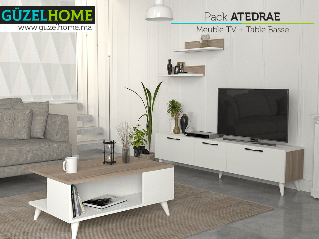 ATEDRAE - Meuble TV - Table basse - Blanc et Gris Cordoba