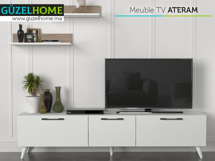 Meuble TV ATERAM - Blanc et Cordoba - Salon et séjour