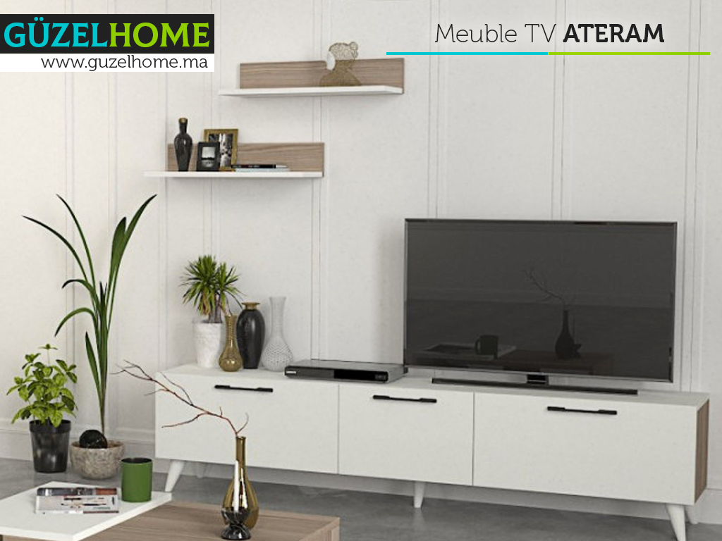 Meuble TV ATERAM - Blanc et Cordoba - Salon et séjour
