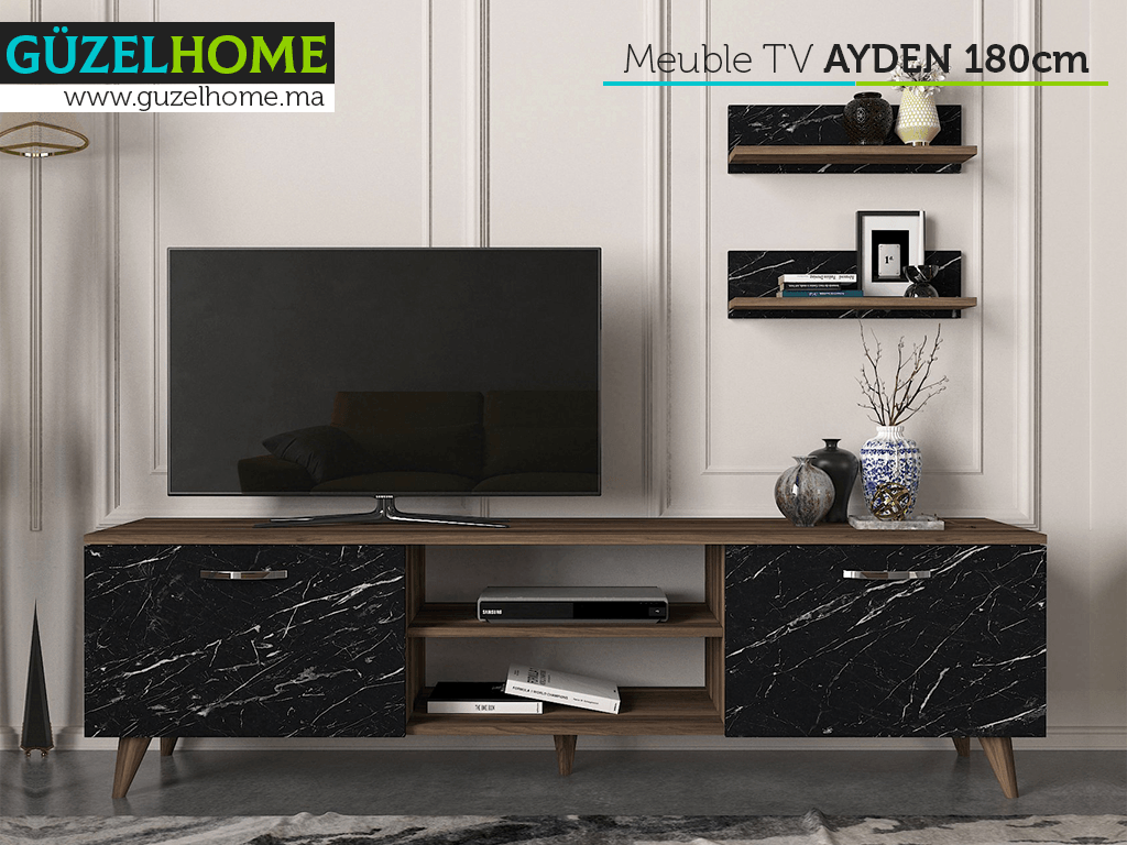 Meuble TV AYDEN 150cm - Noyer et Effet Marbre