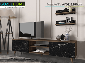 Meuble TV AYDEN 150cm - Noyer et Effet Marbre — vue alternative