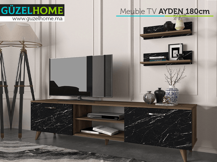 Meuble TV AYDEN 180cm - Noyer et Effet Marbre - Salon et séjour