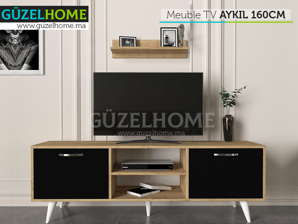Meuble TV AYKIL 160cm - Chêne et Noir - Salon et séjour