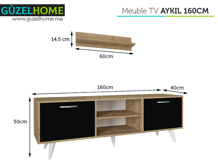 Meuble TV AYKIL 160cm - Chêne et Noir - Salon et séjour