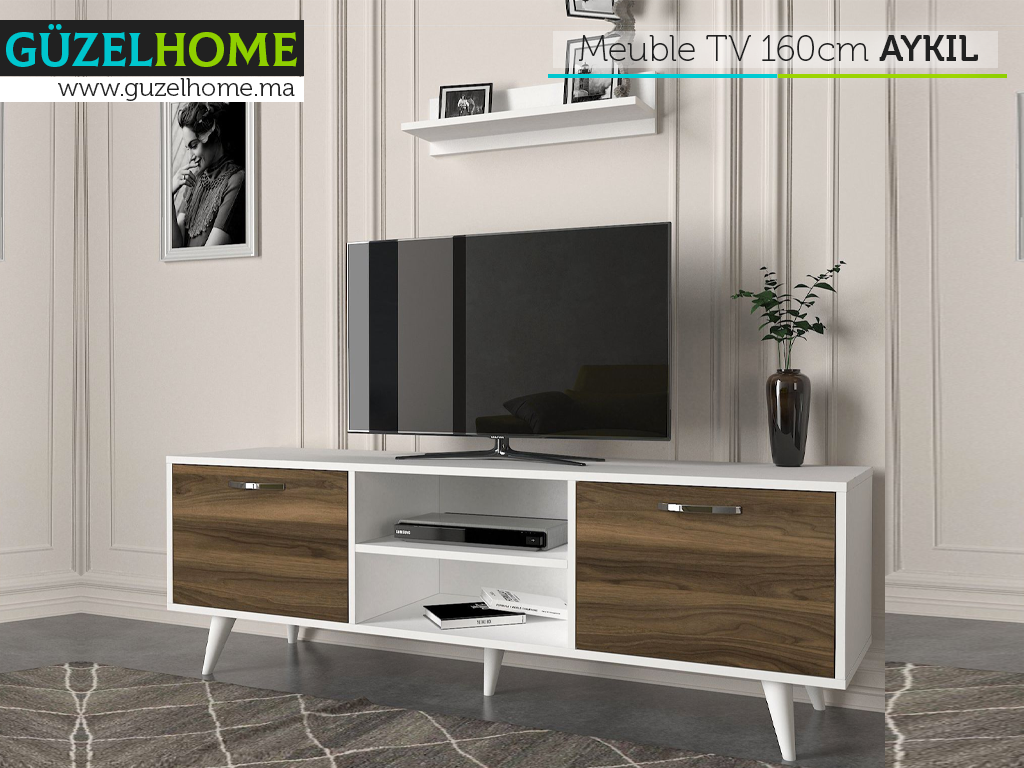 Meuble TV AYKIL 160cm - Noyer et Blanc - Salon et séjour