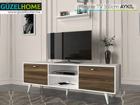 Meuble TV AYKIL 160cm - Noyer et Blanc - Salon et séjour - Meubles de décoration chez GÜZELHOME Maroc