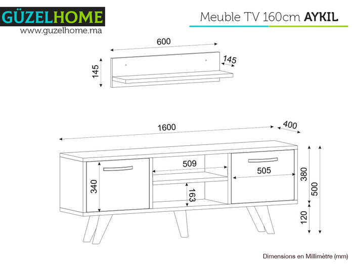 Meuble TV AYKIL 160cm - Noyer et Blanc - Salon et séjour
