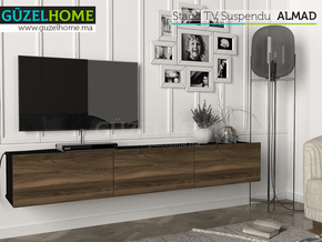 Stand TV Suspendu ALMAD 180cm - Noir laqué et Marron Noyer - Meubles de décoration chez GÜZELHOME Maroc