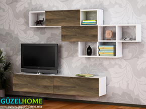 Meuble TV Suspendu ARISTO - Noyer et Blanc - Meubles de décoration chez GÜZELHOME Maroc