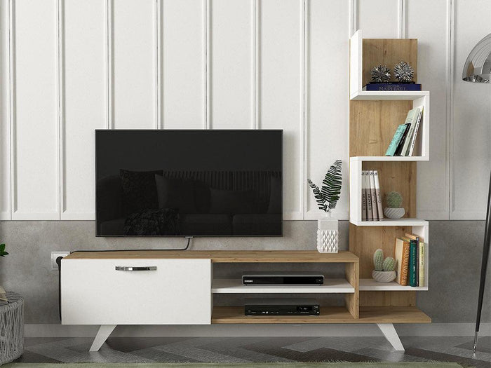 Meuble TV CEREN - Blanc et chêne - Salon et séjour