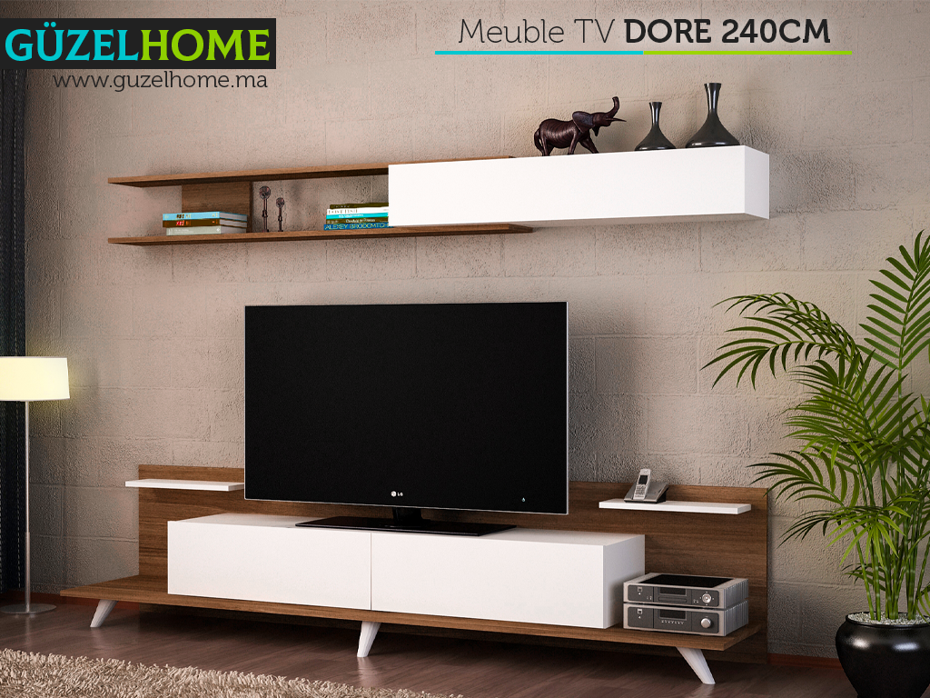 Meuble TV DORE 240cm - Blanc et Noyer
