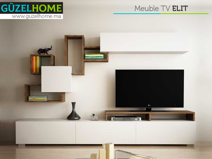 Meuble TV ELIT 210cm avec Rangement mural  - Noyer et Blanc - Ameublement Maroc