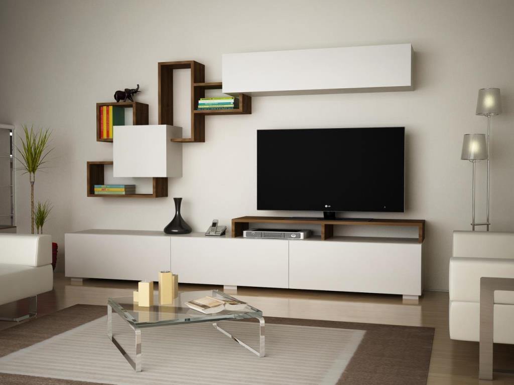 Meuble TV ELIT 210cm avec Rangement mural  - Noyer et Blanc - Ameublement Maroc