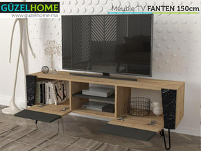 Meuble TV FANTEN 150cm - Chêne, gris et effet marbre — vue alternative