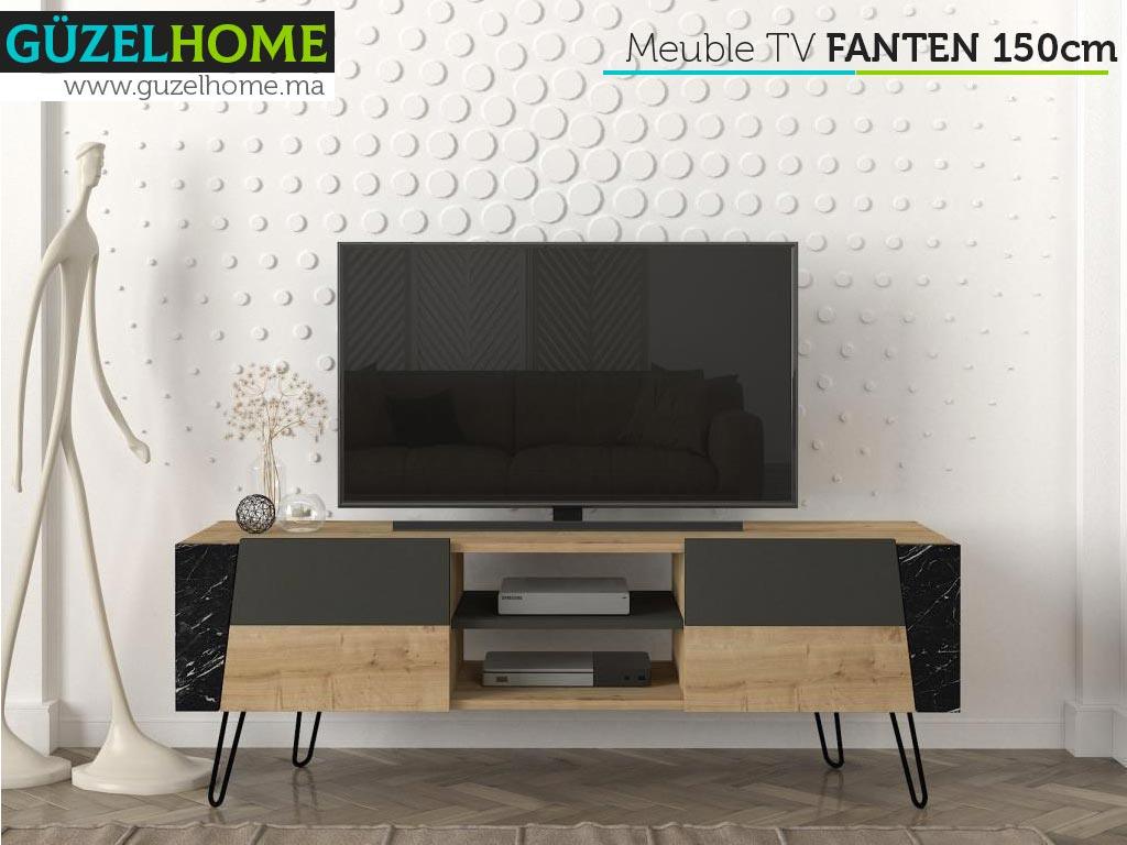 Meuble TV FANTEN 150cm - Chêne, gris et effet marbre