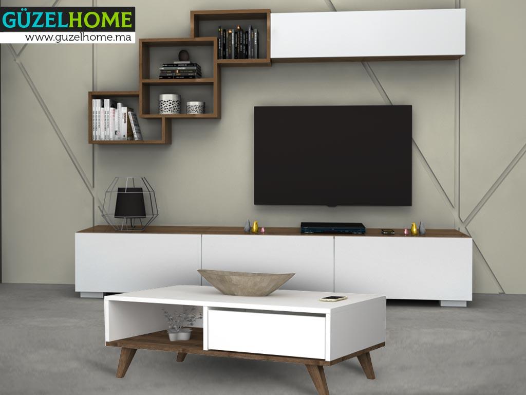 FREEMIRA - Meuble TV et Table Basse - Noyer et Blanc - Salon et séjour