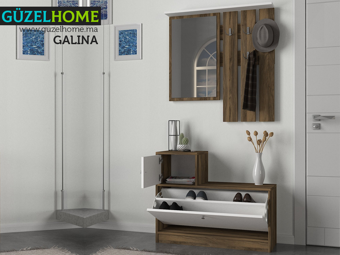 GALINA - Noyer et Blanc - Console d'entrée - Meuble Chaussures - Porte-Manteaux