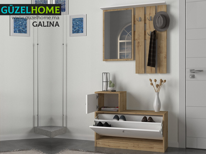 GALINA - Chêne et Blanc - Console d'entrée - Meuble Chaussures - Porte-Manteaux