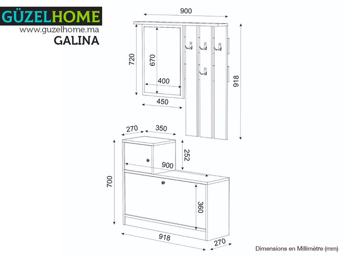 GALINA - Chêne et Blanc - Console d'entrée - Meuble Chaussures - Porte-Manteaux