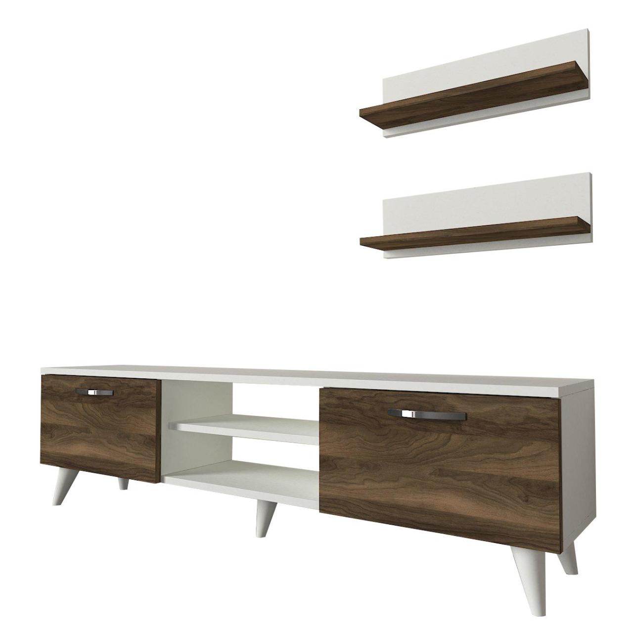 Meuble TV SELCAEG 180cm - Blanc et Noyer - Salon et séjour