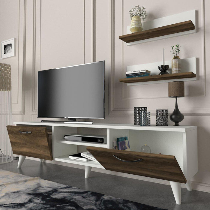 Meuble TV SELCAEG 180cm - Blanc et Noyer - Salon et séjour