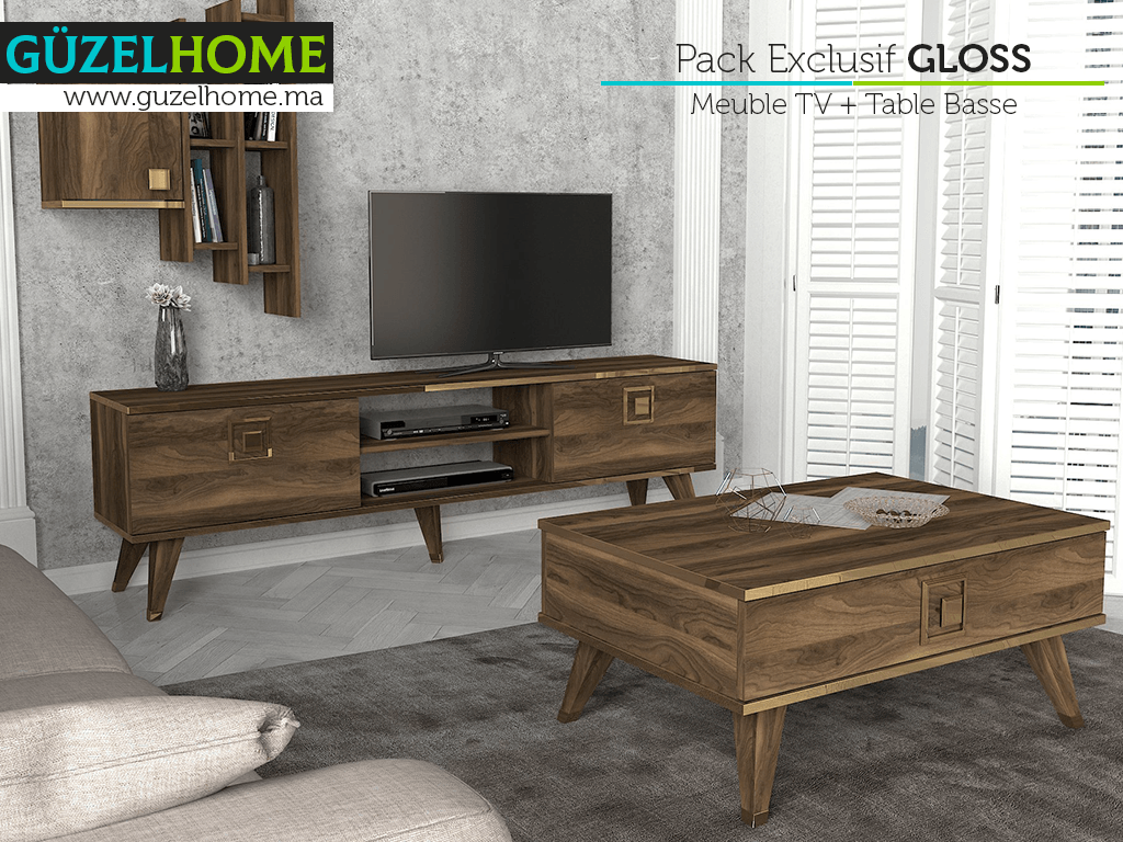 Pack EXCLUSIF GLOSS - Meuble TV - Table Basse - Noyer et Doré