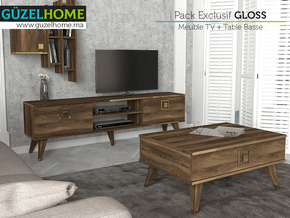 Pack EXCLUSIF GLOSS - Meuble TV - Table Basse - Noyer et Doré - Meubles de décoration chez GÜZELHOME Maroc
