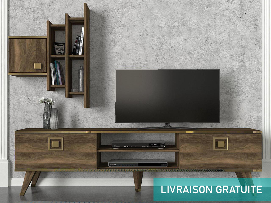 Meuble TV EXCLUSIF GLOSS - Noyer et Doré - Salon et séjour