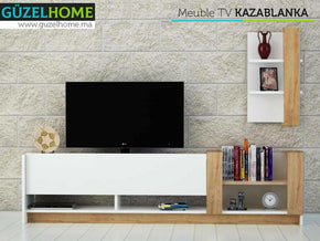 Meuble TV KAZABLANKA avec étagère murale - Chêne et Blanc - Meubles de décoration chez GÜZELHOME Maroc