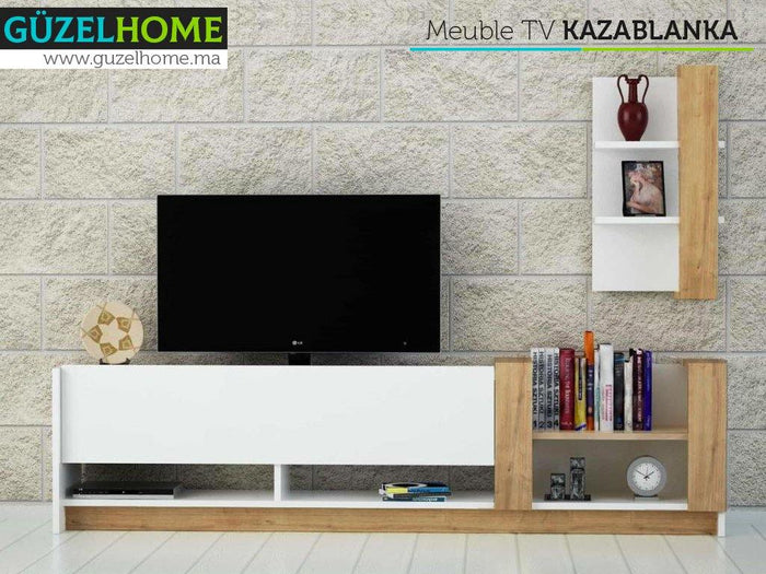 Meuble TV KAZABLANKA avec étagère murale - Chêne et Blanc