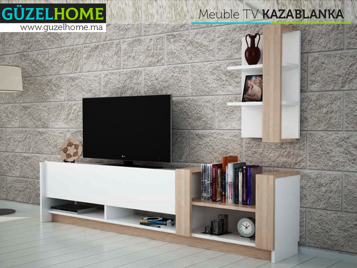 Meuble TV KAZABLANKA avec étagère murale - Chêne et Blanc