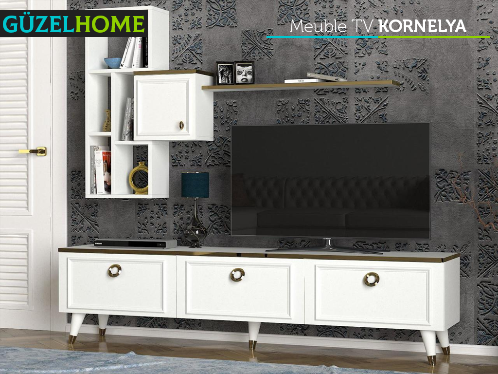 Meuble TV KORNELYA - Blanc et Doré