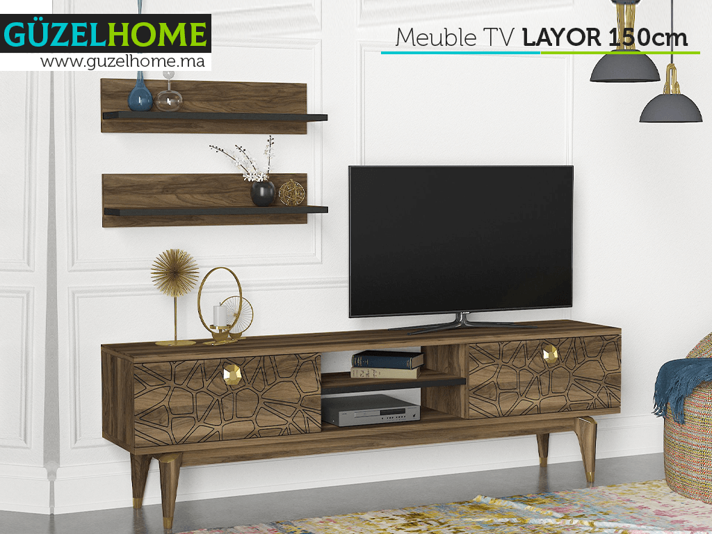 Meuble TV LAYOR 150cm - Noyer et Doré - Salon et séjour