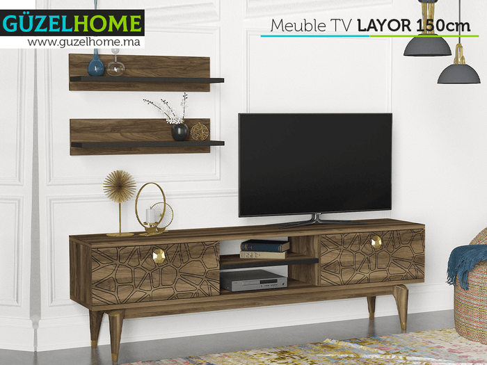 Meuble TV LAYOR 150cm - Noyer et Doré - Salon et séjour