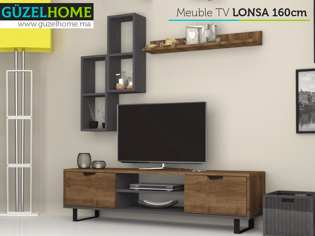 LONSA 160cm - Ensemble de Meuble TV avec Rangement - Noyer et Gris Anthracite